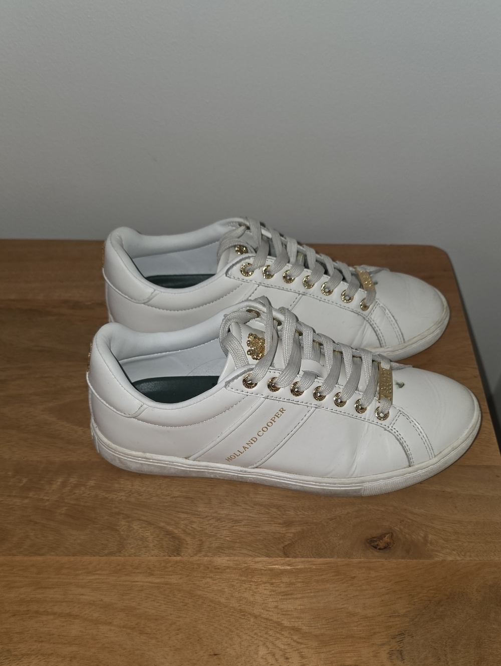 Holland Cooper White Leather Women's Sneaker with Gold Accents